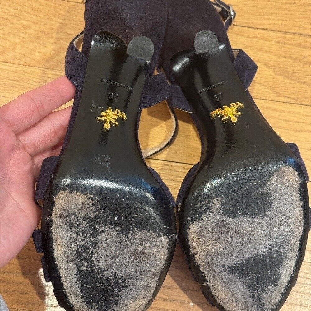 Prada‎  Navy Blue Suede Strappy Cut out Heel Sandal Size 37 - Picture 6 of 8